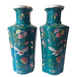 Beautiful Pair Vintage Chinese 14 1/2'  Polychromed Porcelain Butterfly Vases