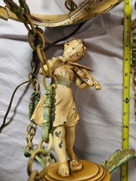 Cast Metal Chandelier With Girl Playing Violin, Top Piece Is Broken, Some Chips, Plugs In