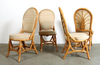 Set Of 4 Vintage Coastal BoHo Mod Fan Back Bamboo & Rattan Dining Chairs