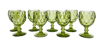 Green Cut Glass Goblets, 8 Qty