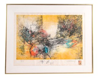 Vintage Hoi Lebadang Modernist Lithograph On Rice Paper Titled Dieu Eau I