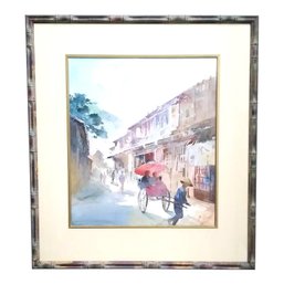 Vintage Japanese Street Scene Framed Watercolor Painting