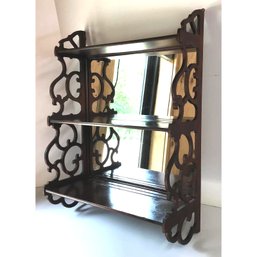 Vintage Mahogany Fretted Mirrored Three Tier Wall Shelf