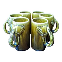 Unusual Vintage Mugs With Elephant Design, Set Of 6