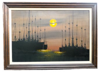 W Clark Large Vintage Mid Century Sunrise Over Docked Boats Oil Painting