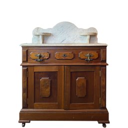 Antique Mahogany And Walnut Burl Veneer Commode With Carrara Marble Top On Casters