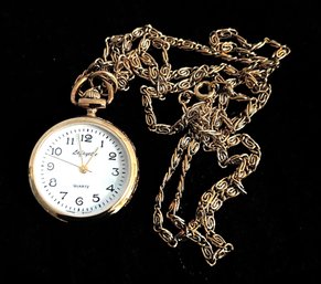 Vtg Lafayette  Gold Plated Watch Necklace Enamel Floral Back Side New Battery Tested  -Working 24' Length