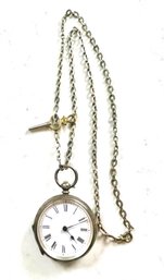 Antique Brandt & Hoffman .935 Sterling Pocket Watch With Chain Watch Fob & Key-TESTED & WORKING