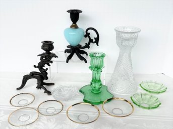 4 Candle Holder & 8 Wax Catchers Lot- Wrought Iron Dragon, Iron & Glass, 2 Glass, 8 Wax Catchers