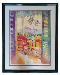 Caribbean Artist Kate Spencer Original View Of Nevis From St Kitts Large Watercolor Painting