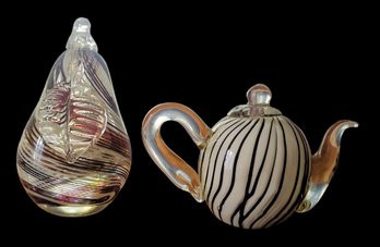 Pair Art Glass Paperweights Including Signed Fabrique A La Main & Teapot Shaped