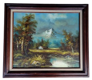 Listed Artist George Whitman Mid Century Landscape With Stream Snow Capped Mountain Oil Painting