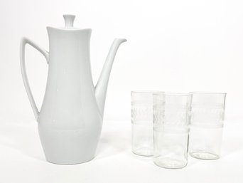 White Ceramic Coffee/Tea Pot By Upsala-Ekeby (Sweden) And 3 Etched Glasses