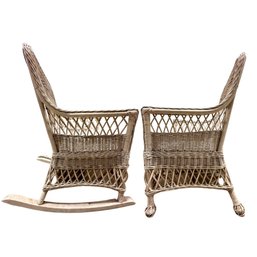 Vintage White Painted Wicker Rocker & Chair