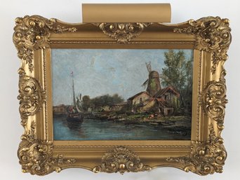 Signed Antique Oil On Canvas Depicting A Windmill (with Elaborate Frame)