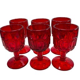 Set Of 6 Vintage L E Smith Glass Co Ruby Red Moon & Stars Wine Glasses