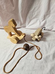 Hand Crafted Wooden Pull Toy Horse, And A Mouse On Wheels