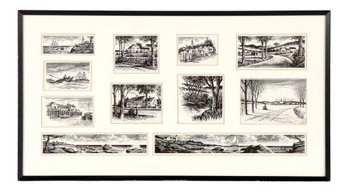 Listed WPA Artist Edward Sanborn Framed B&w Seascape Lithographs Of Vermont