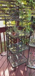 Pair Of Vintage Custom Wrought Iron 3 Tier Plant Stands With Glass Shelves