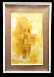 Listed Artist Juan Noguez (Mexico) Mid Century Yellow Abstract With Figures Oil Painting