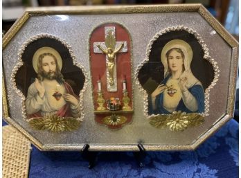 Convex Glass Religious Art: Jesus, Mary & Crucifix