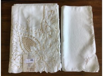 New Table Linens - Cream Tablecloth With Tan Embroidered Design Plus 12 Coordinating Napkins