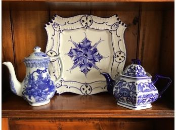 Blue/ White Teapots And Platter
