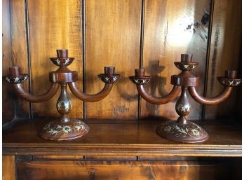 Pair Of 3 Arm Wooden Candlesticks