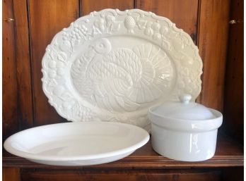 White Ceramic Turkey Platter Plus Additional Serving Pieces
