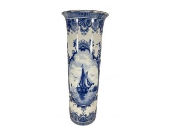 Antique Tall Delft Porcelain Cylindrical Ceramic Vase