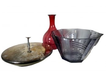 Lot Art Glass Mid Century Bowl With Cutting, Silver Plate Lidded Bowl & Bottle