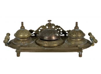 Solid Brass Hotel Bell Double Inkwell Stand