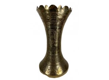 Large Solid Brass Middle Eastern Flared Vase With Engraved Decoration