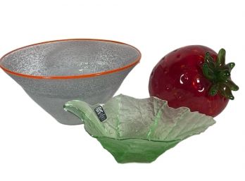 Three Piece Lot Art Glass Signed Mid Century Bowl, Strawberry