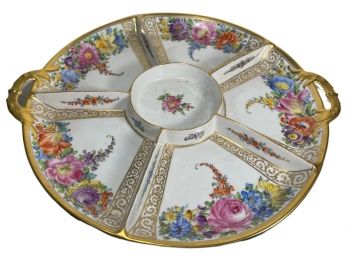 Large Hand Painted Dresden Porcelain Handled Divided Serving Tray