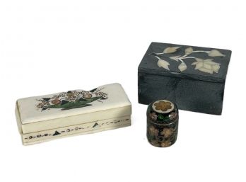 Lot Three Antique Boxes, Stamp, Soapstone And Cloisonne