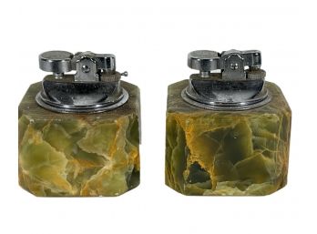 Pair Art Deco Green Onyx Stone Table Lighters