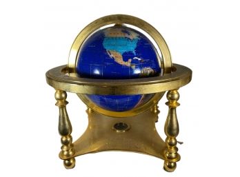 Lapis And Semiprecious Stone Inlay Large Heavy Slid Brass Globe On Stand