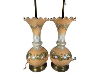 Pair Large Size Antique Bristol Hand Painted Glass Lamp Bases