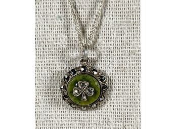 Sterling Silver Irish Shamrock Necklace W Green Stone Marcasites Pendant Chain