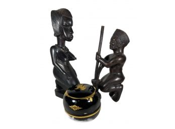 Three Piece Lot African Carved Wood Figures And Table Box