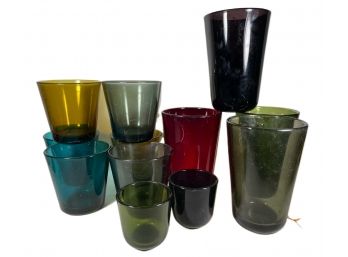 Lot 14 Multi Colored Glass Tumblers Water, On The Rocks And Cups