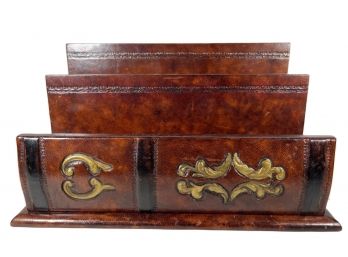 Neiman Marcus Italian Tooled & Gilt Leather Desk Letter Holder