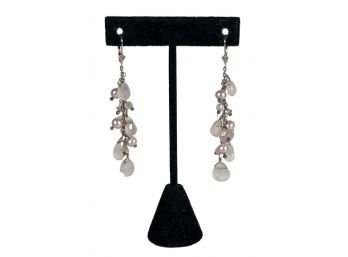 Sterling Silver Drop Earrings White Stones And Genuine Pearls Pierced