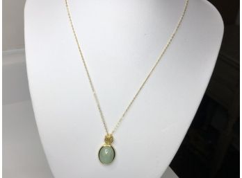 Very Pretty New Sterling Silver / 925 With 14K Gold Overlay With Oval Jade Pendant And Chinese Symbol - Nice !