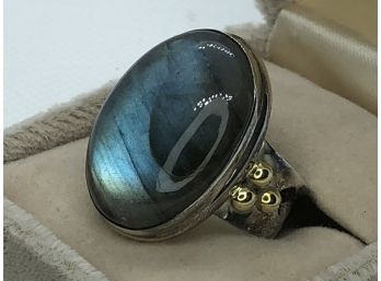 Incredible Brand New 925 / Sterling Silver Cocktail Ring With Large Labradorite With 14k Gold Accents