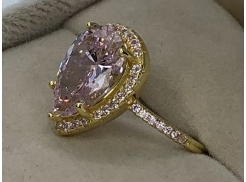 Amazing 925 / Sterling Silver With 14K Gold Overlay Ring With Teardrop And Channel Set Pink Tourmaline