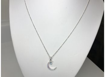 Very Pretty Sterling Silver / 925 Necklace With Aurora Borealis / Blue Topaz Moon  Star Pendant