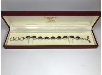 Lovely Brand New 925 / Sterling Silver Toggle Bracelet With Genuine Lapis Lazuli Cabochons - Nice Gift !