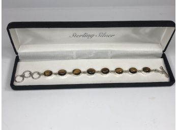 Wonderful 925 / Sterling Silver Toggle Bracelet With High Polished Tiger Eye Cabochons - Brand New - GIFT !